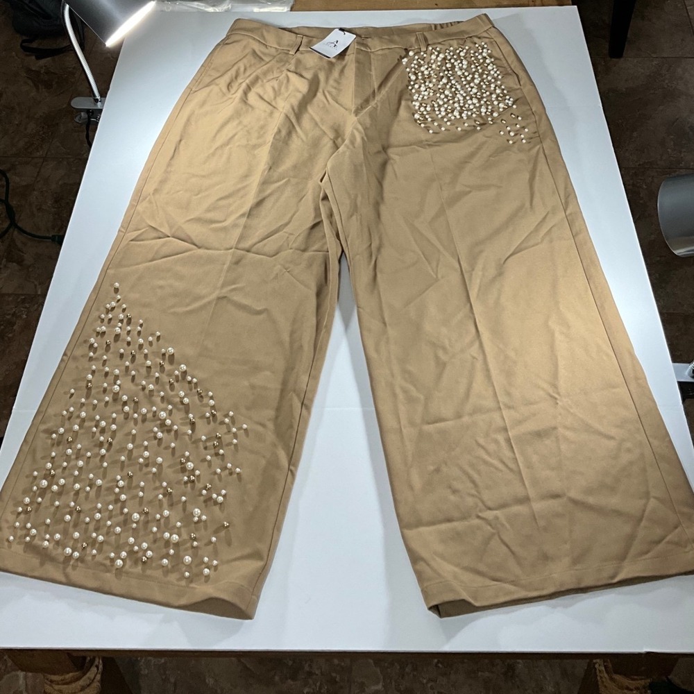 Tan Wide Leg Pearl Embellished Trousers High Waist Dress Pants Khaki Brown 4XL